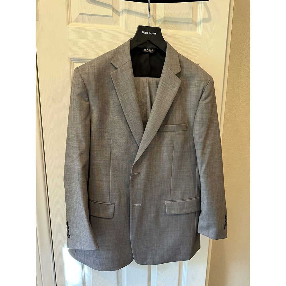 Jos A Bank Traveler Mens 46R Gray Sharkskin Suit 2 Piece 100% Wool Tailored Fit